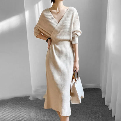 🍒V-nek gebreide rok kruis-oor elastiese middel vlermuismou uitrusting skraal pasvorm elegante herfs winter mode slim gemaklike drag vroue Spring In Breiwerk