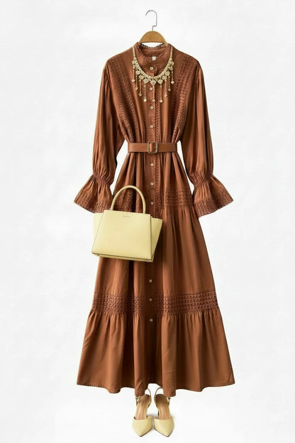 🍒Opstaande kraag maxi rok A-lyn elegante enkelborsknoop slim gemaklik vroue pofferige mou uitrusting enkelborsknoop hemprokke hoë middellyf Y2k mode oesjaarstyl kledingstuk Kry 'n VOLLEDIGE Voorkoms