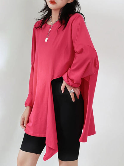 🍒Hot pink t-shirt big size Irregular side slit tee with o-neck long sleeve fashion for women smart casual spring autumn clothing  Don’t Cut Across This Cool Cross Cut