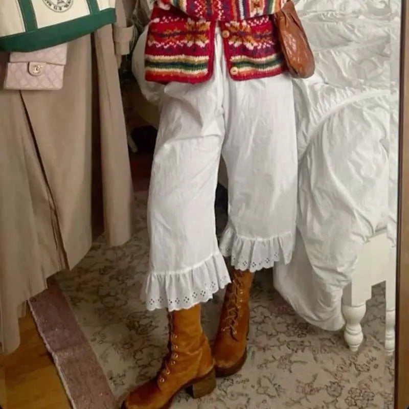🍒Cottage feetjie wye-pypbroek Y2k esteties 00s retro hoë-middellyf kuitlengte broek Vintage sitkamer lospas gerimpelde soom broek vroulike modeklere vir vroue Kom knus in 'n feetjiehuisie