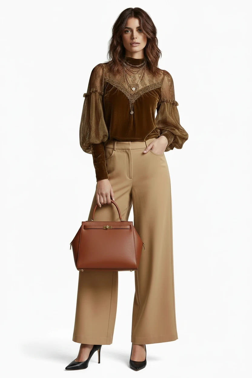 🍒Velvet shirt for women fashion long-sleeve turtleneck chiffon top vintage blouses for ladies retro puff sleeves mesh tops occassion partywear clothimg CHIFFON To Vint-ricate Vibing VELVET