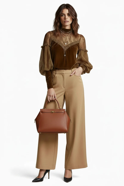 🍒Velvet shirt for women fashion long-sleeve turtleneck chiffon top vintage blouses for ladies retro puff sleeves mesh tops occassion partywear clothimg CHIFFON To Vint-ricate Vibing VELVET