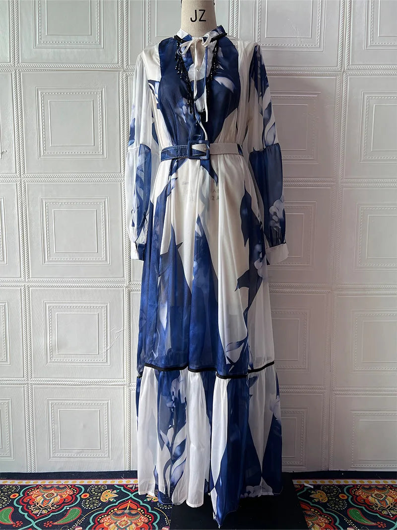 🍒V-neck mesh maxi dress Ink blue print design waist cinching outfit a-line for women loose mesh gown for ladies occasion wear partywear write Your fashion Story with ink