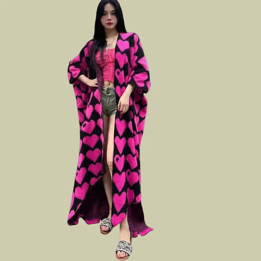 🍒 Heart print cardigan womens knitwear kimono fashion autumn winter smart casual wear party coat thick warm womens holiday coat women Warm Hearted