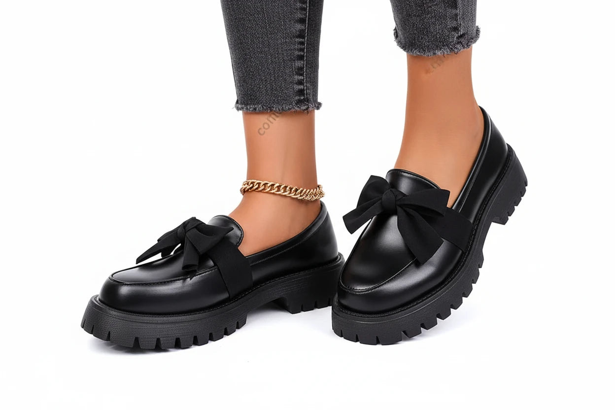 🍒Bow shoes for women's smart casual platform loafers fashion wine red patent leather footwear comfort slip on flat pumps plus size available Bob Along Bows