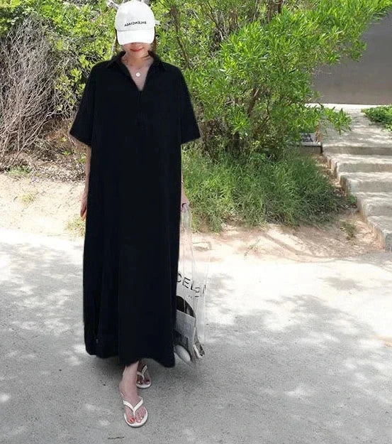 🍒Plus size women's midi (depending on height) short sleeve outfit holiday dress loose long straight outfit with collar casual summer wear straight cut maxi dress Big Basics Up