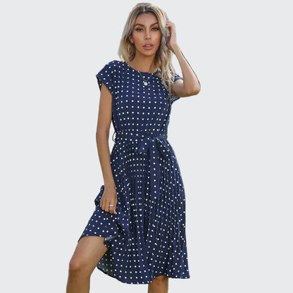 🍒Summer dresses for women high waist midi outfit with pleats elegant pleated polka dots short sleeve fashion office clothing vacation wear  Don’t Delay Dotties