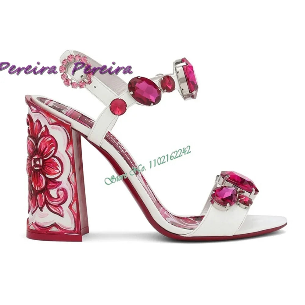 🍒Womens gem stone sandals classic colourful heels crystal open toe shoe chunky heel buckle strap high heels flower shoes designer footwear for women dress party shoes Gem Of A Shoe