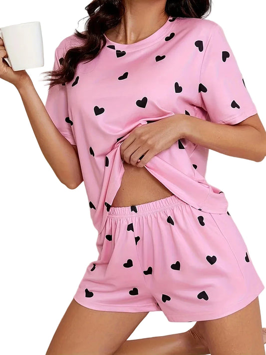 🍒女士爱心睡衣套装印花针织时尚心形印花上衣柔软短袖上衣和短裤睡衣套装，适合舒适家居服休闲服 轻松有趣