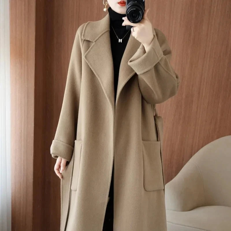🍒100% wool coat for women autumn/winter fashion double sided cashmere coat with belt elegant long overcoat smart casual outerwear Warmup In Wool