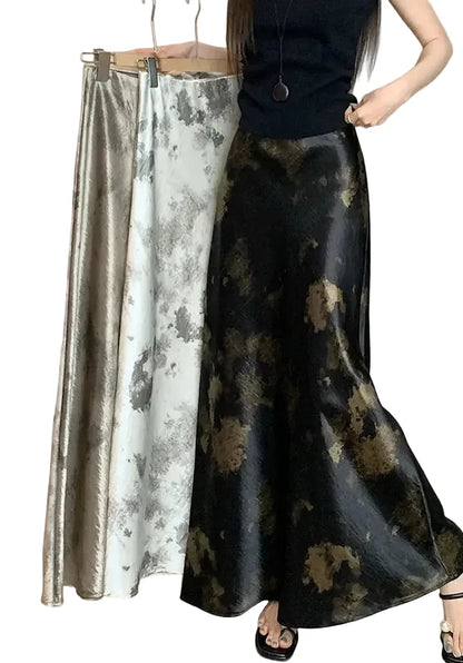 🍒Elastic satin skirt with high waist slimming mid-length floral print high-end feel fish tail skirt shiny for women Slip On A Silky Slippy