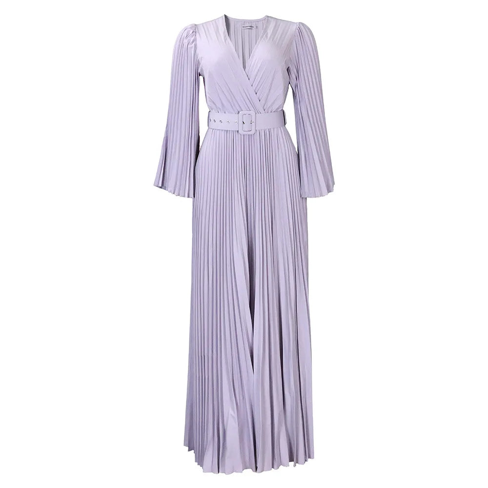 🍒 Aandete partytjie rok V-nek ontwerp geplooide vroue mode drag elegante maxi uitrusting met gordel langmou mode geleentheid drag partytjie drag Heeltemal Uitgeplooide Affêre