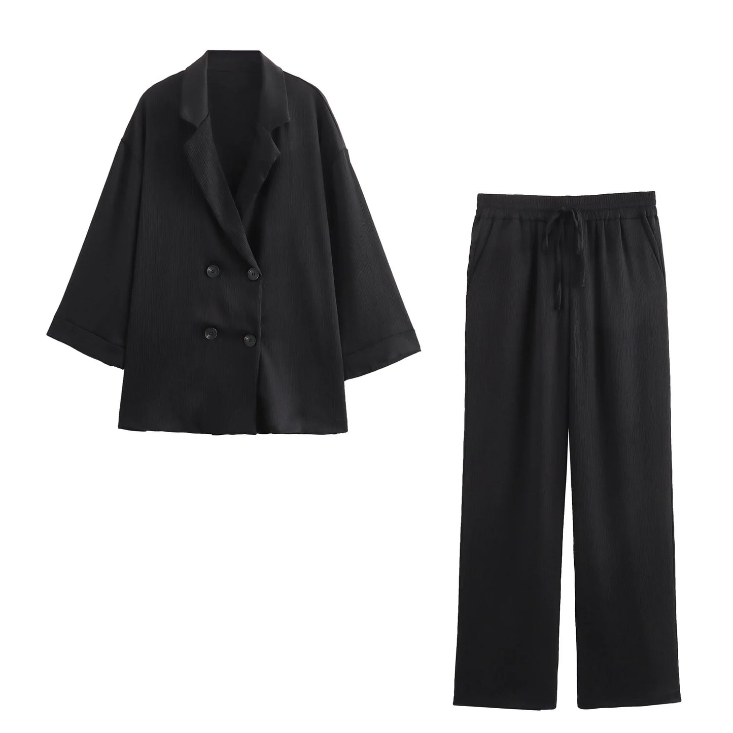 🍒Gemaklike baadjie en broekpak vir vroue langmou dubbelborsbaadjie + wye been broek kantoorklere slim gemaklike mode drag geleentheidsklere Bly Op Die Hoogte Van Die Dubbelbors