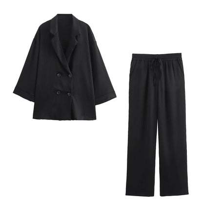🍒Gemaklike baadjie en broekpak vir vroue langmou dubbelborsbaadjie + wye been broek kantoorklere slim gemaklike mode drag geleentheidsklere Bly Op Die Hoogte Van Die Dubbelbors