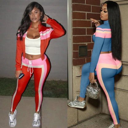 🍒Fashion tracksuit 2 piece set colour block fashion long sleeve Jacket with zipper and sporty pants for women fitness gym outfit female casual clothes Sport Colour