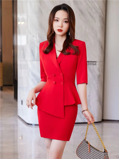 🍒Rooi 2-stuk damespak mode rompstel sakeklere kantoordrag ligte blazers vir vroue halfmou top en miniromp Berry Beautiful