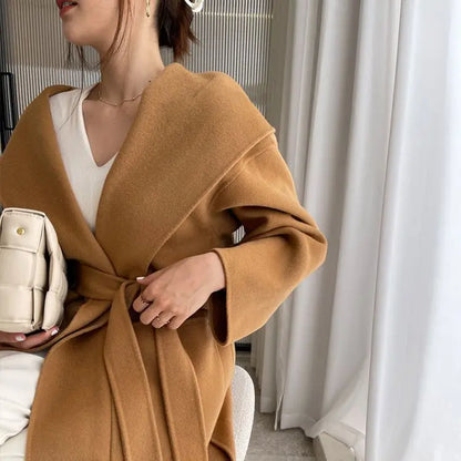 🍒Loose winter coat women solid over coat for women wool hooded coats trendy outerwear oversize vintage female elegant sash and pocket warm street fashion Wrap This Up