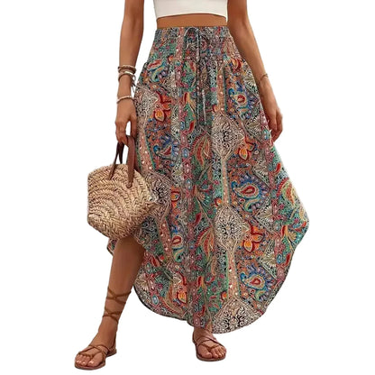 🍒Boho vintage romp a-lyn midi blommetjie-druk klere mode drag vir vroue somer drag Hoë middellyf Geplooide elastiese middellyf Lang Romp gemaklike vakansie drag Kry 'n Chiffon en Kry 'n Chevron