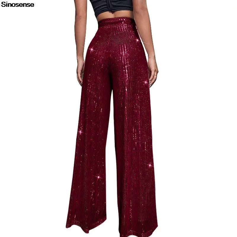 🍒Hoë middellyf sequin-broeke vonkel los gemaklike wyepypbroek klokonderkant-broeke glinster klubdrag partytjiedrag Alles Vonkel In Glans En Glans