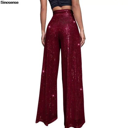 🍒Hoë middellyf sequin-broeke vonkel los gemaklike wyepypbroek klokonderkant-broeke glinster klubdrag partytjiedrag Alles Vonkel In Glans En Glans