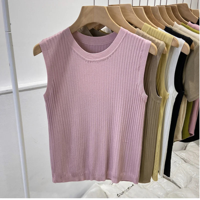 🍒女士针织背心细针无袖衫夏季女装圆领无袖T恤休闲服装，背心让您的上衣更上一层楼