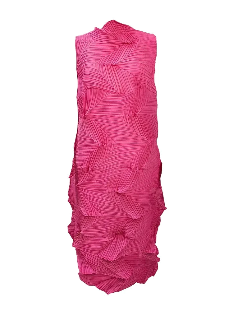 🍒Sleeveless pleated dress for women turtleneck outfit single colour solid fashion smart casual women party wear occasion clothing style 3D fold designer dresses Fashion A Fold