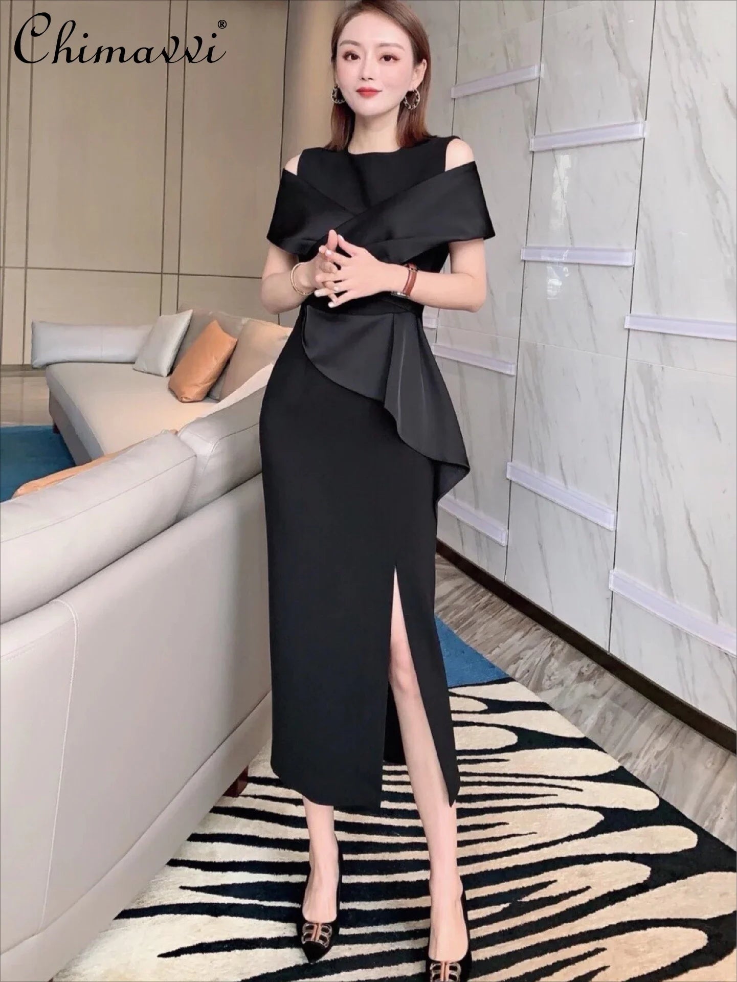 🍒Celebrity elegant gown dress for women party wear fashion off-shoulder outfit high waist with split high end ocassion wear