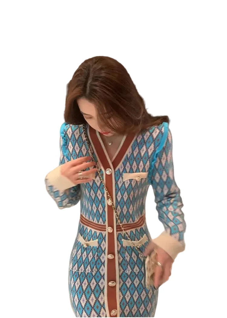 🍒Knitted dress for women v- neck autumn winter fashion french style clothing smart casual female outfit women diamond checkered clothing Playout Plaids
