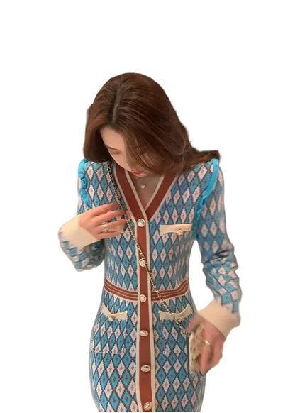 🍒Knitted dress for women v- neck autumn winter fashion french style clothing smart casual female outfit women diamond checkered clothing Playout Plaids