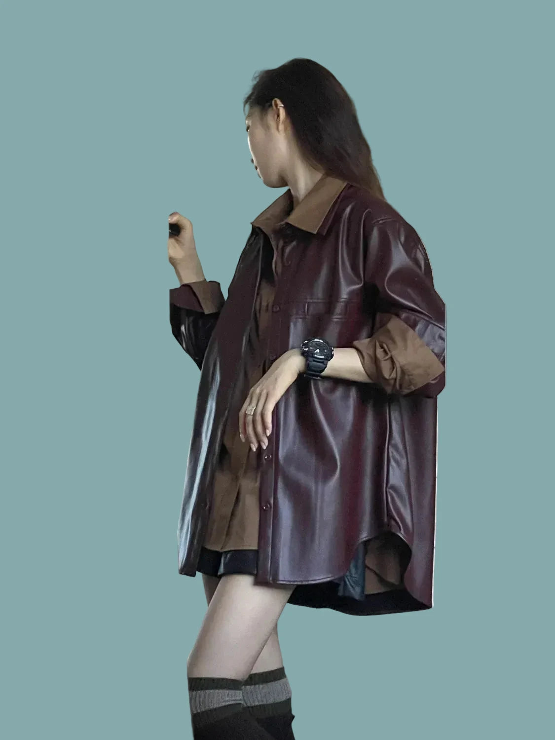 🍒Shirt style jackets faux leather womens oversized outerwear solid single breasted spring/autumn stylish vintage turn-down collar windbreak casual coats chic female clothing     Luvly Lazy-Like Leather Look