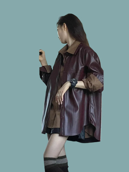 🍒Shirt style jackets faux leather womens oversized outerwear solid single breasted spring/autumn stylish vintage turn-down collar windbreak casual coats chic female clothing     Luvly Lazy-Like Leather Look