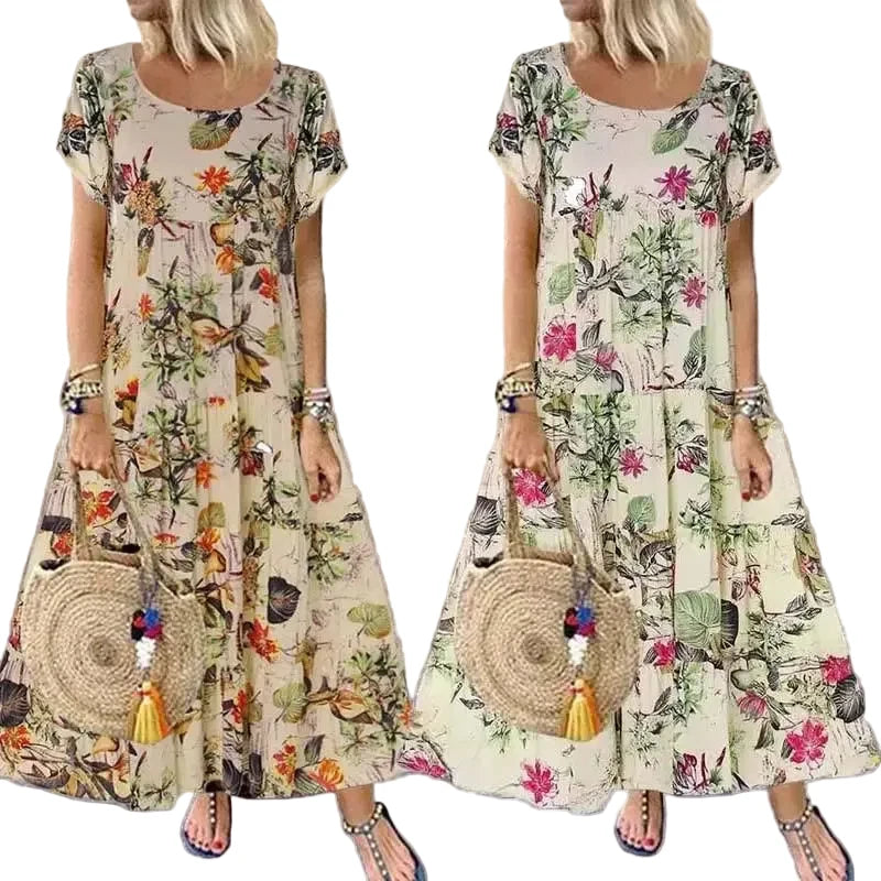 🍒Women's round neck short sleeve dress loose waist linen A-Linen out fit maxi length casual summer wear floral fashion Flattering Floral