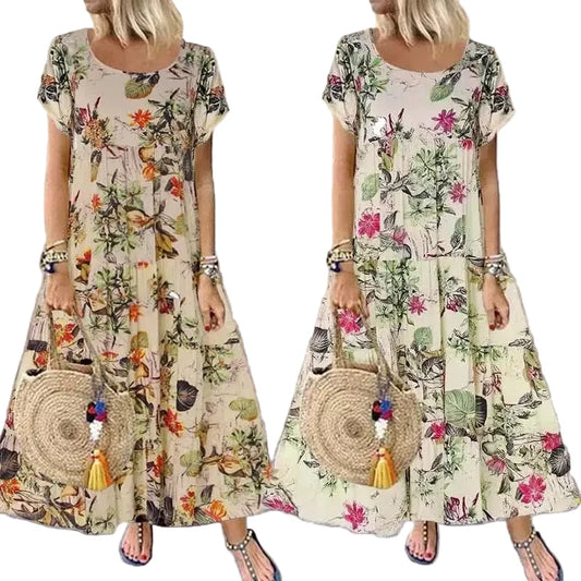 🍒Women's round neck short sleeve dress loose waist linen A-Linen out fit maxi length casual summer wear floral fashion Flattering Floral