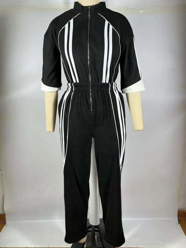 🍒Women Jumpsuits 3/4 sleeve stripe loose fashion rompers wide leg pants one piece trousers for women smart casual summer clothing Sport Stripes