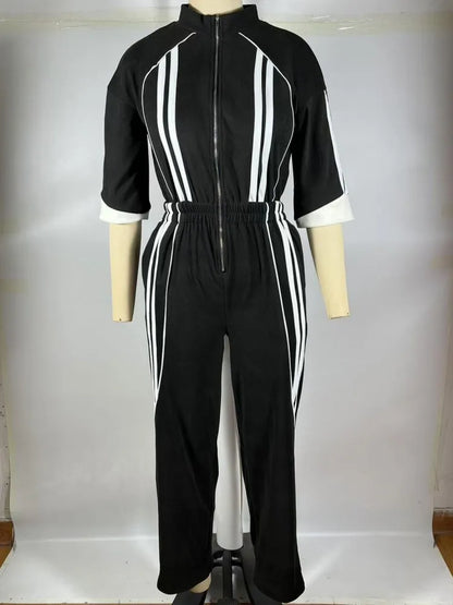 🍒Women Jumpsuits 3/4 sleeve stripe loose fashion rompers wide leg pants one piece trousers for women smart casual summer clothing Sport Stripes