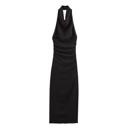 🍒Style sleeveless dresses solid backless halter Fold Decorate Button zipper Female Summer Slim Long Dress 3 Color