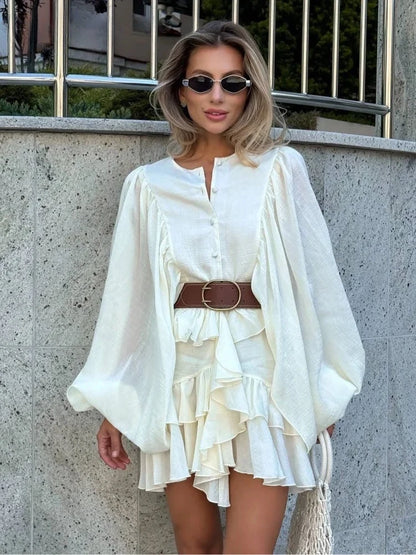 🍒Rondehals langmou minirok gelaag met romp elegante soliede klere vir vroue, rofrokke, enkelbors, sjiek modestraatklere, Poeffrokke, Somervroue.