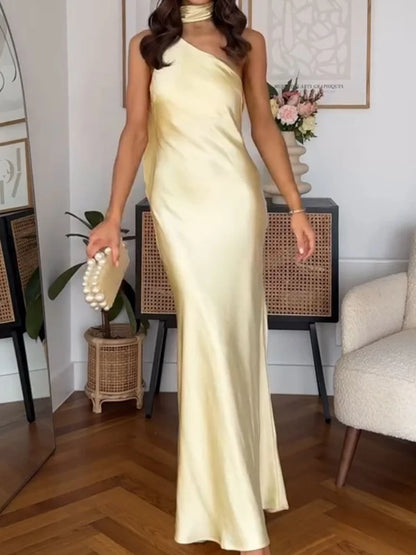 🍒Halter neck backless maxi dress one shoulder long backless outfit for women elegant yellow satin party wear occasion wear This Yellow Tulip Is Ready For Picking