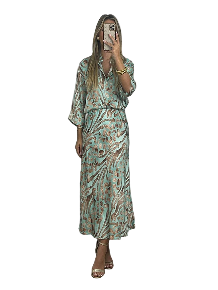 🍒Party two piece printed shirt and skirt set v-neck three quarter sleeve shirts for women high waist skirts for women two piece evening outfits female occasion clothing