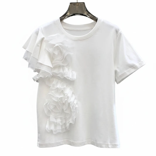 🍒3D flower top with ruffles  round neck short sleeved t-shirt smart casual party wear for women Time For A Rosy Lee Te'