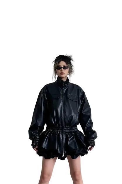 🍒Black pu leather jacket elastic waist ruffle hem coat with elasticated waist for women long sleeve loose fit fashion autumn spring female smart casual outerwear EXPAND Your look with This ELASTICATED waist