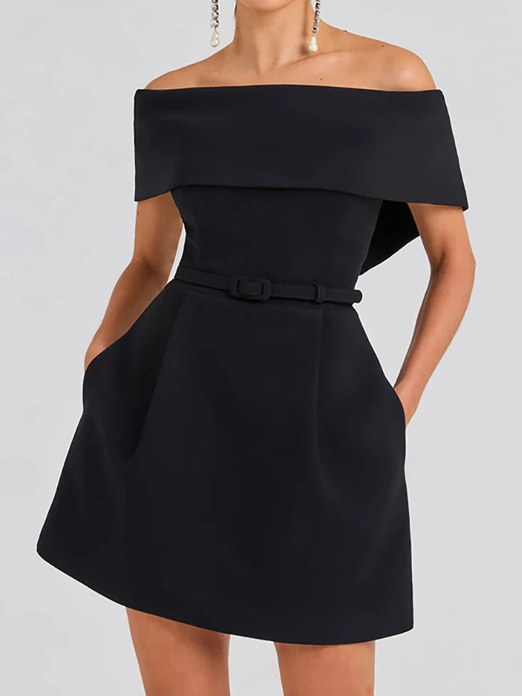 🍒Mixed media fashion short sleeve mini dress off the shoulder sleeves spring summer fashion solid party wear occasion wear Show A' Shapely Shoulder