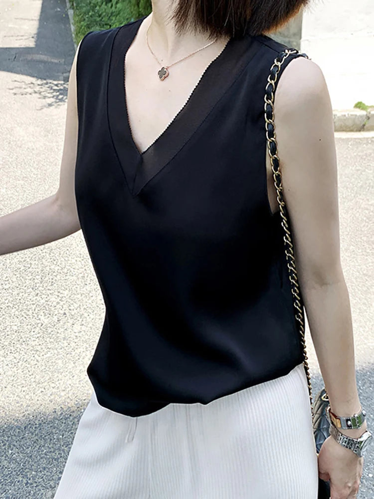 🍒Satin blouses for women summer top for office wear satin camisole versatile fashion party wear occasion wear with chifon edge