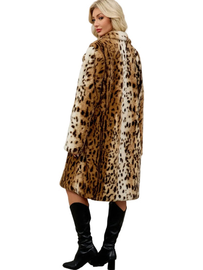 🍒Faux fur coat leopard long Jacket with lapel animal print outerwear fashion long sleeve overcoat women single breasted straight fit smart casual autumn winter wear Animate Your Style