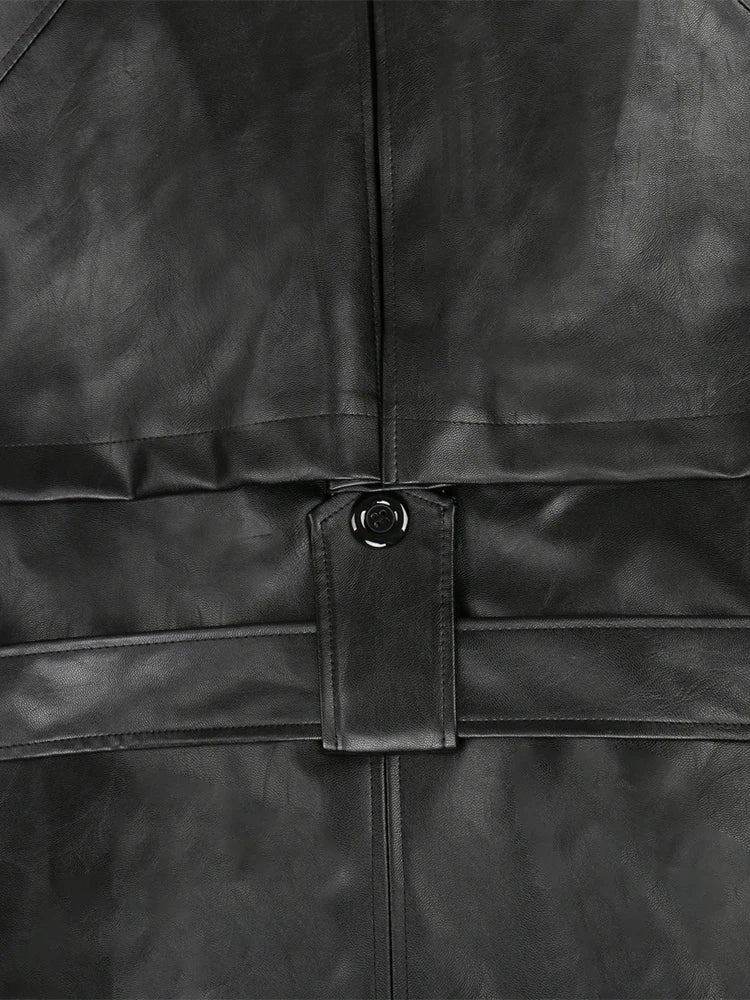 🍒 Lang oorgroot swart trenchcoat-kunsskaapleerbuitelaerdrag vir vroue dubbelbors-oorjas met gordel los slim-gemaklike buiteklere