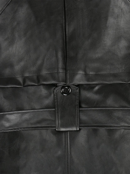 🍒 Lang oorgroot swart trenchcoat-kunsskaapleerbuitelaerdrag vir vroue dubbelbors-oorjas met gordel los slim-gemaklike buiteklere