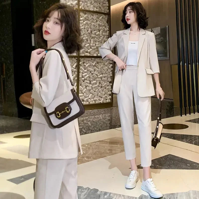 🍒Two piece blazer suit jacket and Pants two piece set for Women capri trousers with lapel jacket  office workwear party occasion wear Look Cool In Ice Cream