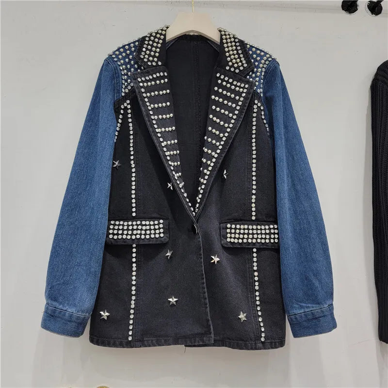 🍒Y2K oesjaar denimbaadjie stylvolle vakmanskap gestikte diamante baadjie enkele knoop gemengde media klere kontraskleur lapwerk denim dra slim gemaklik vroue Denim Ontwerper Diamant Genot