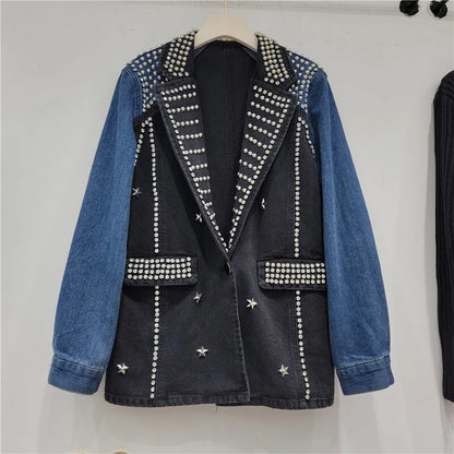🍒Y2K oesjaar denimbaadjie stylvolle vakmanskap gestikte diamante baadjie enkele knoop gemengde media klere kontraskleur lapwerk denim dra slim gemaklik vroue Denim Ontwerper Diamant Genot