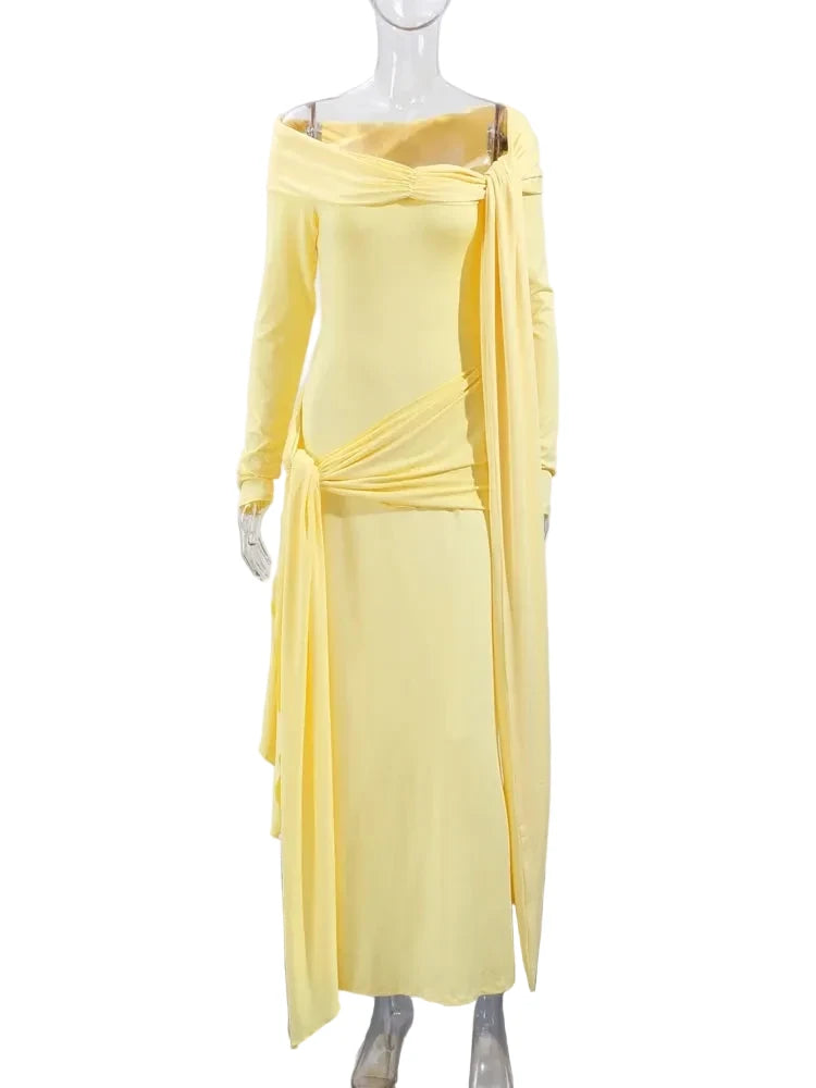 🍒Solid pleated off shoulder maxi dress elegant summer clothes women long sleeve party dress chic occasion wear Get Sun Drenched